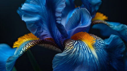 A flower on a black background, captured in close-up, draws attention to its exquisite shapes and...