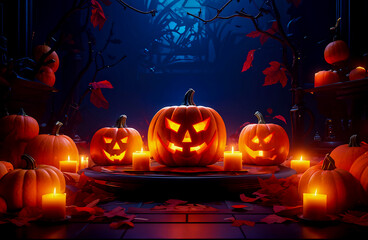 Halloween pumpkins with burning candles at night, spooky background