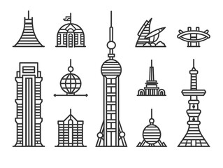 Fototapeta premium A line drawing of skyscrapers and buildings in a cityscape. The buildings are tall and vary in height
