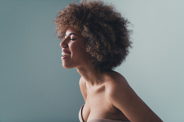 Profile side photo no retouch of laughing girl wear bra brassiere enjoy comfort mammography checkup