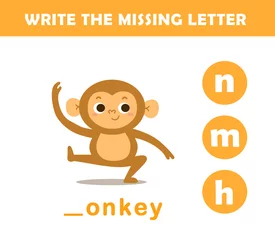 Foto op Aluminium Write the missing letter. Worksheet for kids. Find missing letter worksheet for children.  © G.rena