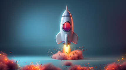 illustration of rocket taking off, toy rocket, 3D render style, green metallic colors