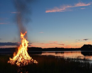 Midsummer bonfire by the lake, night as bright as day, magic afoot