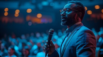 A man stands on stage holding a microphone, speaking to an audience. He is wearing a suit and glasses. The stage is dark, but the area around the man is lit up - obrazy, fototapety, plakaty