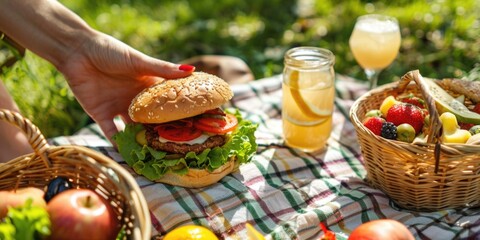 A hand reaches for a scrumptious vegan burger during a sunny summer picnic, surrounded by a basket...