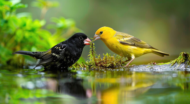 A yellow finch and black crested bird eating moss on the water surface