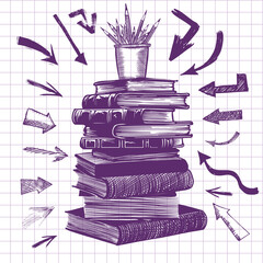 Stack of books doodle on checkered paper background, vector illustration. Drawing with a blue pen on a notebook sheet . Handmade, not AI Vector illustration
