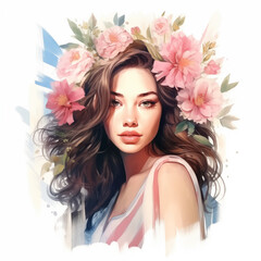 Naklejka premium Portrait of a beautiful young dark-haired woman with a floral wreath on her head. Pink peonies. Fashion illustration. Pretty woman with flowers. Looking straight ahead. White background.