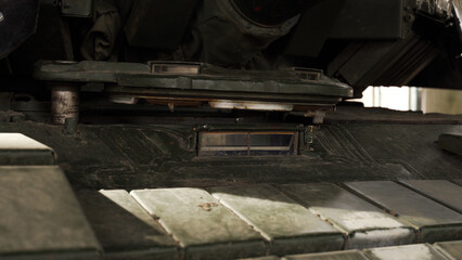 Close-up of a tank. driver's mech window. active tank armor. combat vehicle. use of tanks in war....