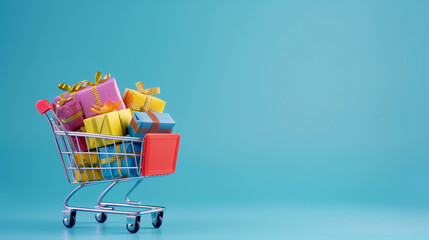 Shopping cart full of colorful gift boxes on blue background , Generative AI	