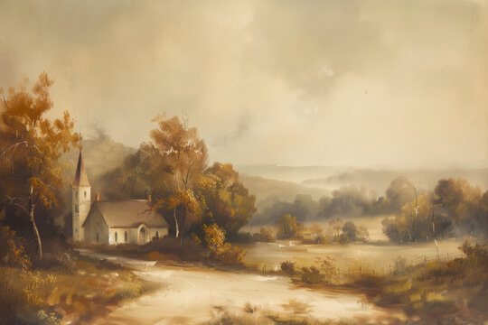 Vintage Church Painting - beautiful Landscape and neutral colors