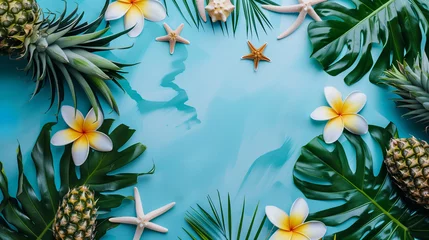 Foto op Aluminium Top view of holiday travel beach with starfish, pineapple, flower plumeria and monstera leaves on blue background. Summer background design concept, copy space © Olivia