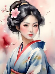 Foto op Plexiglas beautiful japanese woman watercolor © zuleyka123