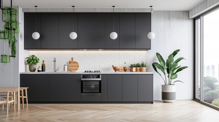 modern kitchen with grey cabinets and white walls, interior design, simple pattern wall tiles in the back ground - obrazy, fototapety, plakaty