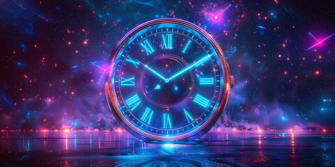 giant neon clock with roman numbers, space background, concept of abstract time - obrazy, fototapety, plakaty