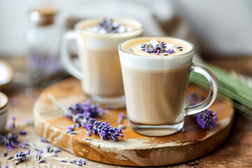 Elegant Lavender Lattes on Wooden Board