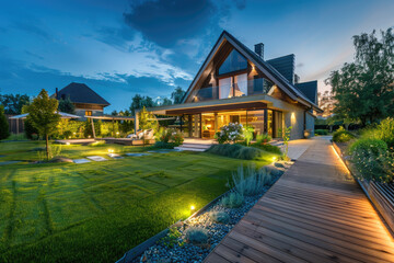 Beautiful garden with modern house, illuminated by lights at night time - obrazy, fototapety, plakaty