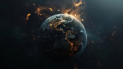 Earth at night from outer space with city lights on North America continent. - obrazy, fototapety, plakaty