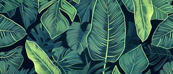 Decorative botanical jungle background with leaves, branches, banana leaves, plants. Modern illustration of tropical jungle for banners, prints, decorations, fabrics and more.