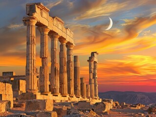 Spring equinox at ancient ruins, day equals night, cycles connected