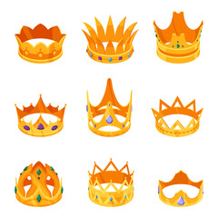 Isometric golden crowns set. Royal gold headdress for monarch, king or queen with luxury colored gemstones and different design. 3d jewelry isolated on white background