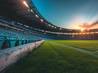 Storied football stadium at dawn, empty seats filled with echoes of cheers