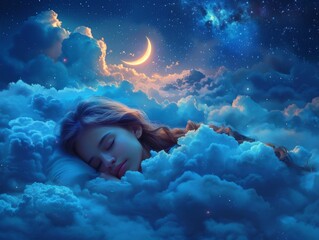 world sleep day. person peacefully sleeping amidst fluffy clouds, with stars twinkling above and a crescent moon casting its gentle glow. - 776094157