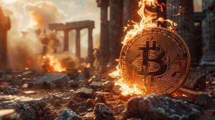 An ancient coin with the Bitcoin symbol, burning amidst historical ruins, connecting past and future economies - obrazy, fototapety, plakaty