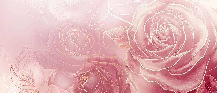 Golden tropical flower line art wallpaper. Elegant botanical gradient pale pink rose flower background. Can be used for decorations, wedding cards, home decor, packaging, print, cover, banner.