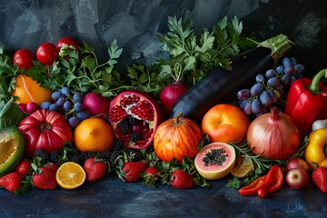 Bold and bright fruits and vegetables spread elegantly over a darkened backdrop, celebrating culinary diversity