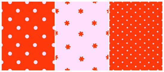 Red-Pink Abstract Seamless Patterns. Light Pink Dots and Tiny Stars on a Bright Red Backgroud. Red Stars Isolated on a Pastel Pink. Set of Simple Geometric Prints ideal for Fabric. 