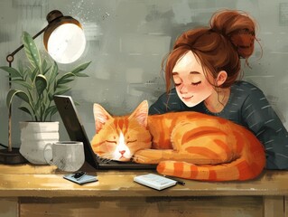 girl work over laptop on kitchen with a cat sleeping close. - 776094358