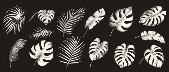 Set of black and white line art illustration of tropical leaves. Set includes leaf branch, monstera, palm leaves. Design illustration for print, logo, branding.......