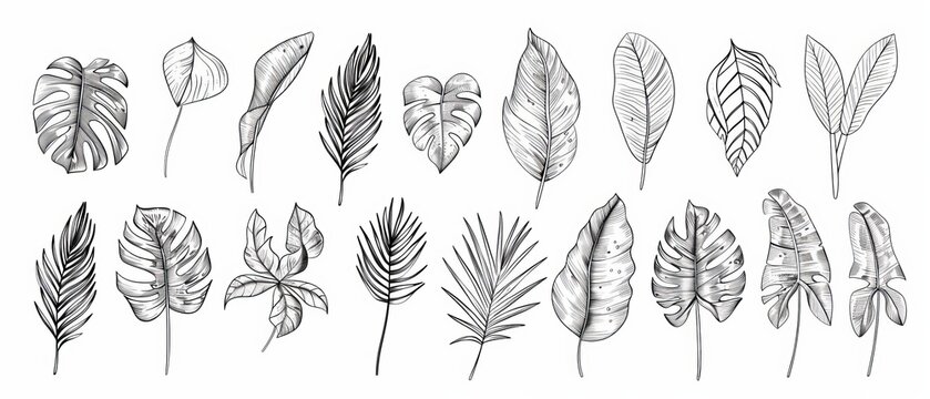 Line art modern set featuring tropical leaves like monsteras and palm leaves. This set can be used for print, logos, branding, etc.