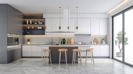 modern kitchen with grey cabinets and white walls, interior design, simple pattern wall tiles in the back ground - obrazy, fototapety, plakaty
