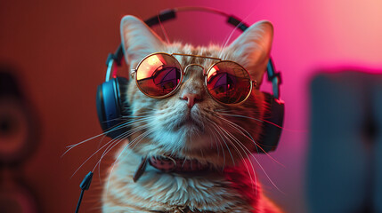 Naklejka premium cute funny cat wearing cool sunglasses and headset, monkey listening to music