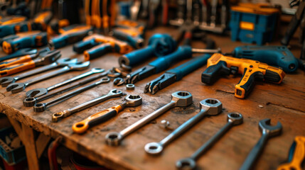 Fototapeta premium Various wrenches and hand tools spread on a well-used carpentry workshop table.
