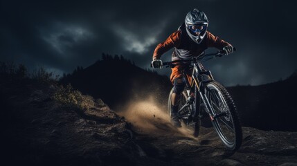 Naklejka premium Mountain Biker riding down a tricky trail