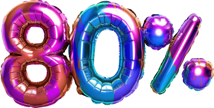 80% balloon numbers, concept of sale celebration and product promotion, element on transparent background