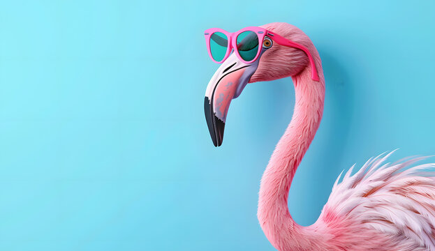 Pink  flamingo wearing pink glasses on turquoise background with copy space for text