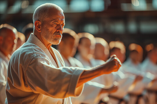 A skilled sensei showing karate techniques, guiding and inspiring students with precision and expertise