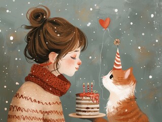 girl and the cat celebrate holidays together. - 776094708