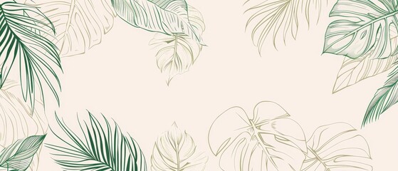 Background modern with tropical leaf line art design. Featuring natural botanical flowers and palm leaves in a linear contour style. Suitable for fabric, prints, covers, banners, decoration, and - obrazy, fototapety, plakaty
