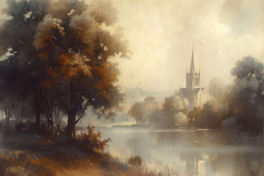 Vintage Church Painting - beautiful Landscape and neutral colors