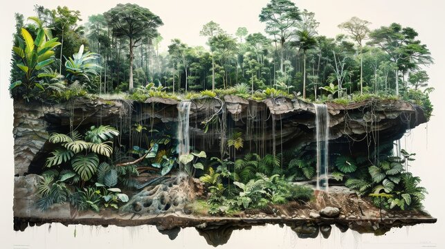 A painting of a lush jungle with a waterfall. The painting is a representation of the beauty and serenity of nature