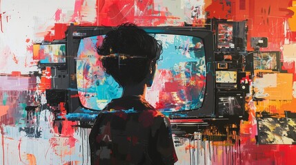 A boy is watching television. The television is on a wall with a lot of other pictures