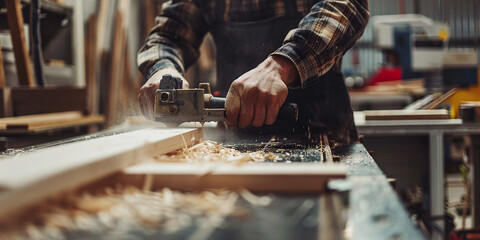 carpenter works wood with modern machines in a large workshop - obrazy, fototapety, plakaty