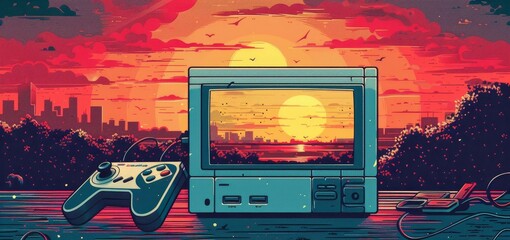 A video game console and a monitor are on a table. The monitor is displaying a sunset and a cityscape