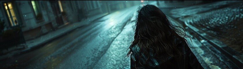 hyper realistic of a terrified woman running on an empty street in the dark, looking back as though something or someone is chasing her, capturing the intensity of her fear.