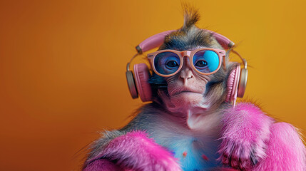 cute funny small monkey wearing cool sunglasses and headset, monkey listening to music, on orange background, colorful outfit
